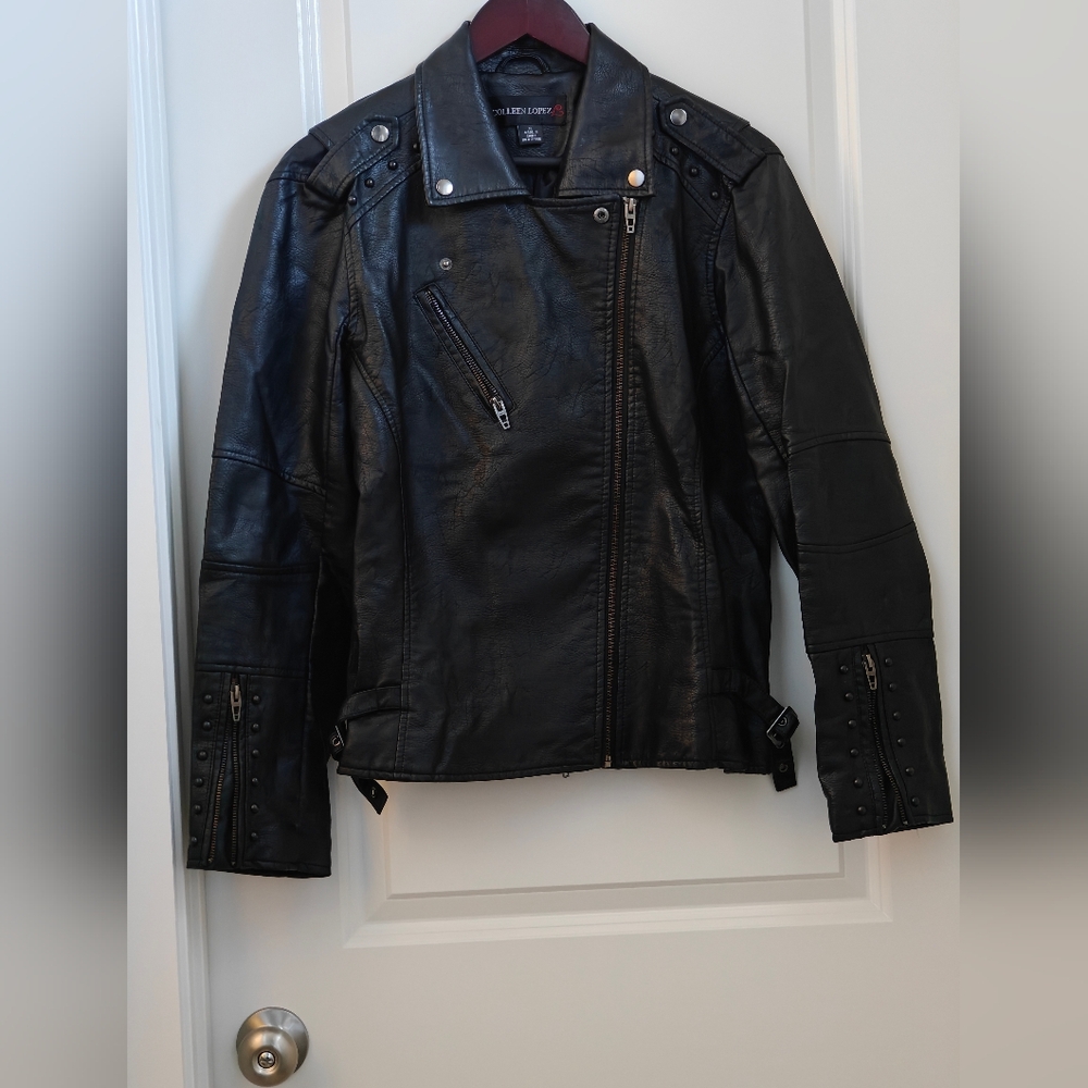 Colleen Lopez Faux Leather Studded Moto Biker Jacket Black Size XL
